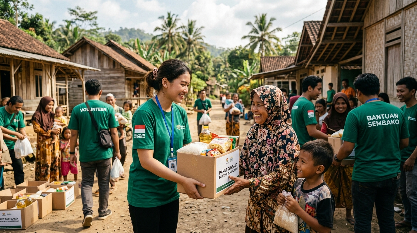 Relawan Satosakaki sedang menyalurkan bantuan makanan kepada warga desa